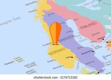 Noruega con marcador de posición naranja en el mapa de europa, cerrar Noruega, concepto de vacaciones y viaje por carretera, destino fijado, idea de viaje, vista superior, mapa colorido con icono de ubicación