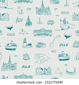 Norway Oslo city buildings landmarks seamless vector hand drawn pattern