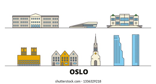 Norway, Oslo flat landmarks vector illustration. Norway, Oslo line city with famous travel sights, skyline, design. 