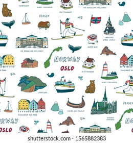 Norway Oslo hand drawn doodle vector seamless pattern