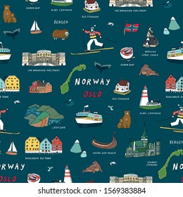 Norway Oslo hand drawn doodle vector seamless pattern