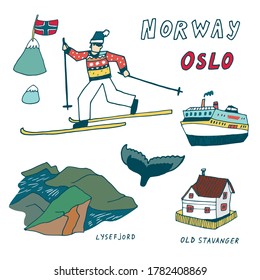 Norway Oslo hand drawn doodle vector illustrations set