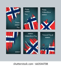 Norway Patriotic Cards for National Day. Expressive Brush Stroke in National Flag Colors on dark striped background. Norway Patriotic Vector Greeting Card.