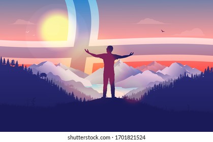 Norway patriotic landscape. Man with armes raised looking at the horizon with Norwegian flag in sky. 17. may concept, Norways national constitution day. Vector illustration.