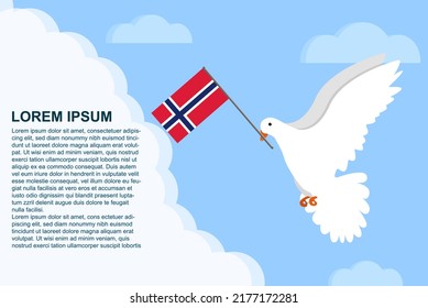 Norway peace concept with text area, Dove of Peace bird with Norway flag in its beak, dove flying in the clouds, vector illustration design, Norway peace day template, freedom idea