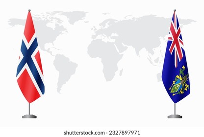 Norway and Pitcairn Islands flags for official meeting against background of world map.