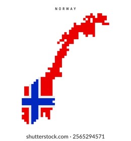 Norway pixel flag map icon. 8 bit pixel art Norwegian map covered with flag. Flat vector illustration isolated on white background.