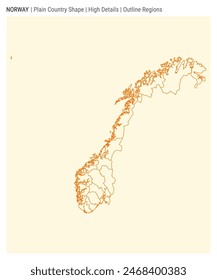 Norway plain country map. High Details. Outline Regions style. Shape of Norway. Vector illustration.