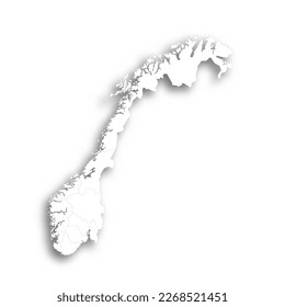 Norway political map of administrative divisions - counties and autonomous city of Oslo. Flat white blank map with thin black outline and dropped shadow.