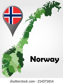 Norway political map with green shades and map pointer.