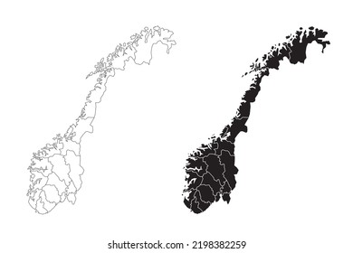 Norway political map. Low detailed. Solid simple style. Black and white. Vector editable