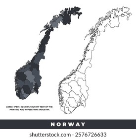 Norway political regions black color outline map set