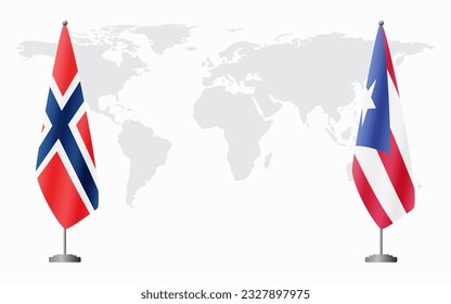 Norway and Puerto Rico flags for official meeting against background of world map.