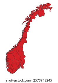 Norway red map with border of regions outline vector