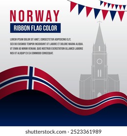 Bandeira de fita da Noruega com decoração e silhueta da Catedral