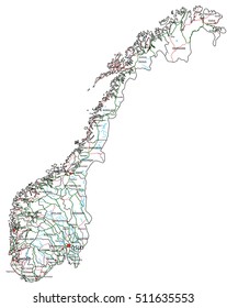 Norway road and highway map. Vector illustration.