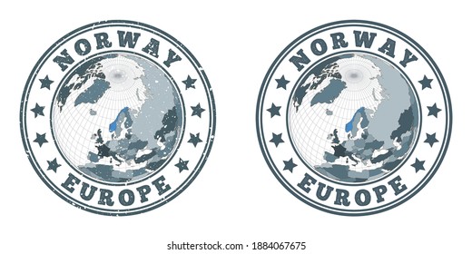 Norway round logos. Circular badges of country with map of Norway in world context. Plain and textured country stamps. Vector illustration.