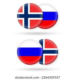 Norwegen und Russland kreisen Flaggen. 3D-Symbol. Runde russische und norwegische nationale Symbole. Vektorgrafik.