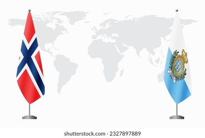 Norway and San Marino flags for official meeting against background of world map.