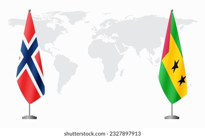 Norway and Sao Tome and Principe flags for official meeting against background of world map.