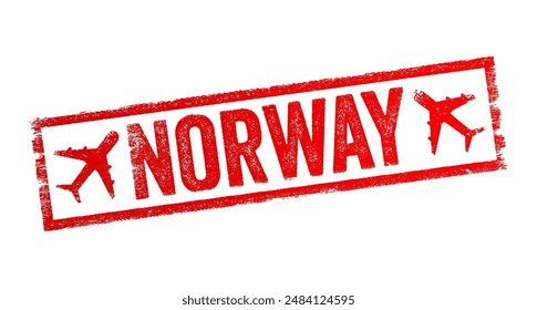 Norway is a Scandinavian country encompassing mountains, glaciers and deep coastal fjords, text emblem stamp with airplane. No AI generated content