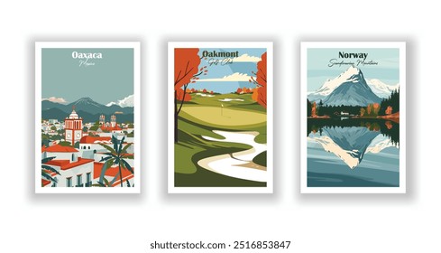 Noruega, Montañas escandinavas, Oakmont Golf Club, Oaxaca, México - póster de viaje de Antiguas. Ilustración vectorial