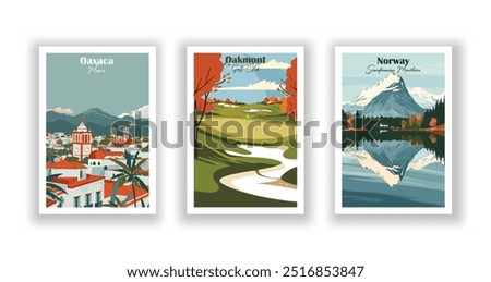 Norway, Scandinavian Mountains, Oakmont Golf Club, Oaxaca, Mexico - Vintage travel poster. Vector illustration