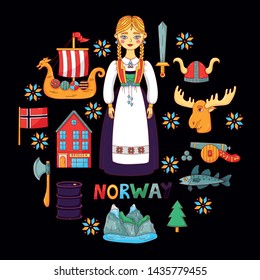 Norway Scandinavian traditional country symbols doodle cartoon vector icons set