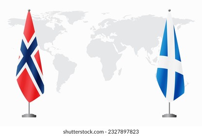 Norway and Scotland flags for official meeting against background of world map.