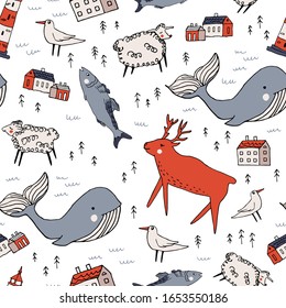 Norway seamless pattern. Vintage hand drawn vector illustration of Nordic cute animals in doodle style. Ornate Scandinavian elements set with trees and little houses