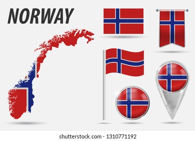 NORWAY. Set flag, map pointer, button, waving flag, symbol, flat icon and map in the colors of national flag. Vector illustration of collection of national symbols on various objects. Vector EPS 10