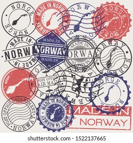 Norway Set of Stamps. Travel Passport Stamp. Made In Product. Design Seals Old Style Insignia. Icon Clip Art Vector.