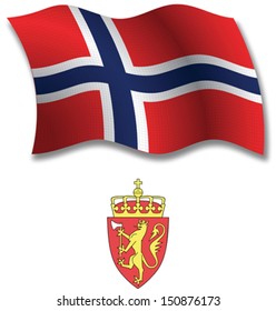 norway shadowed textured wavy flag and coat of arms against white background, vector art illustration, image contains transparency transparency