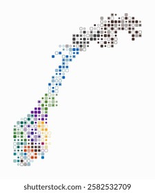 Norway, shape of the country built of colored cells. Digital style map of Norway on a white background. Small size rounded square blocks. Awesome vector illustration.