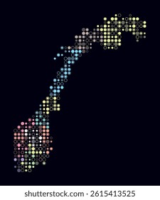 Norway, shape of the country built of colored cells. Digital style map of Norway on dark background. Small size circle blocks. Artistic vector illustration.