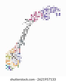 Norway, shape of the country built of colored cells. Digital style map of Norway on a white background. Small size circle blocks. Abstract vector illustration.