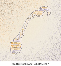 Norway shape with country names word cloud in multiple languages. Norway border map on modern triangles scattered around. Radiant vector illustration.