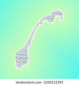 Norway shape formed by country name in multiple languages. Norway border on stylish striped gradient background. Vibrant poster. Elegant vector illustration.