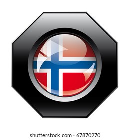 Norway shiny button flag with black frame -  vector illustration. Isolated abstract object against white background.
