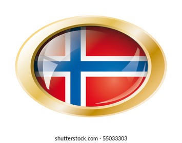 Norway shiny button flag with golden ring vector illustration. Isolated abstract object against white background.