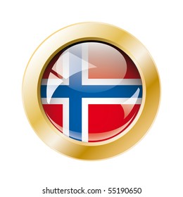 Norway shiny button flag with golden ring vector illustration. Isolated abstract object against white background.