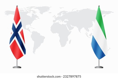 Norway and Sierra Leone flags for official meeting against background of world map.