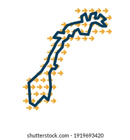 Norway simple outline map with yellow directional arrows.