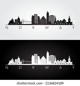 Norway skyline and landmarks silhouette, black and white design, vector illustration.