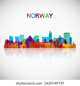 Silueta del horizonte de Noruega en estilo geométrico colorido. Símbolo de su diseño. Ilustración vectorial.