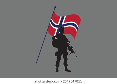 Soldado da Noruega com bandeira, bandeira da Noruega vetor gráfico, bandeira do país da Noruega é um símbolo de liberdade, bandeira da Noruega Nacional, ilustração vetorial
