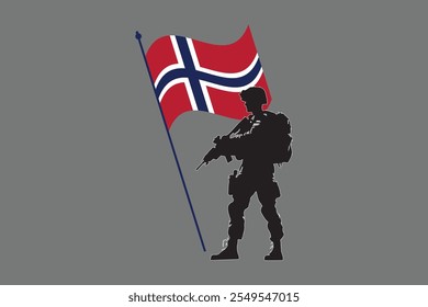 Soldado da Noruega com bandeira, bandeira da Noruega vetor gráfico, bandeira do país da Noruega é um símbolo de liberdade, bandeira da Noruega Nacional, ilustração vetorial
