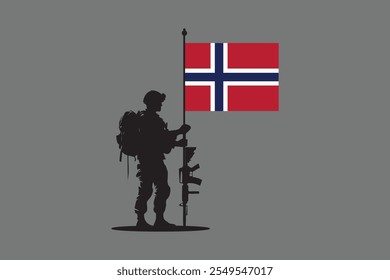 Soldado da Noruega com bandeira, bandeira da Noruega vetor gráfico, bandeira do país da Noruega é um símbolo de liberdade, bandeira da Noruega Nacional, ilustração vetorial
