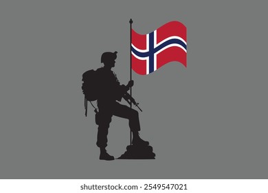 Soldado da Noruega com bandeira, bandeira da Noruega vetor gráfico, bandeira do país da Noruega é um símbolo de liberdade, bandeira da Noruega Nacional, ilustração vetorial
