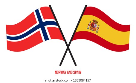 Norway and Spain Flags Crossed And Waving Flat Style. Official Proportion. Correct Colors.